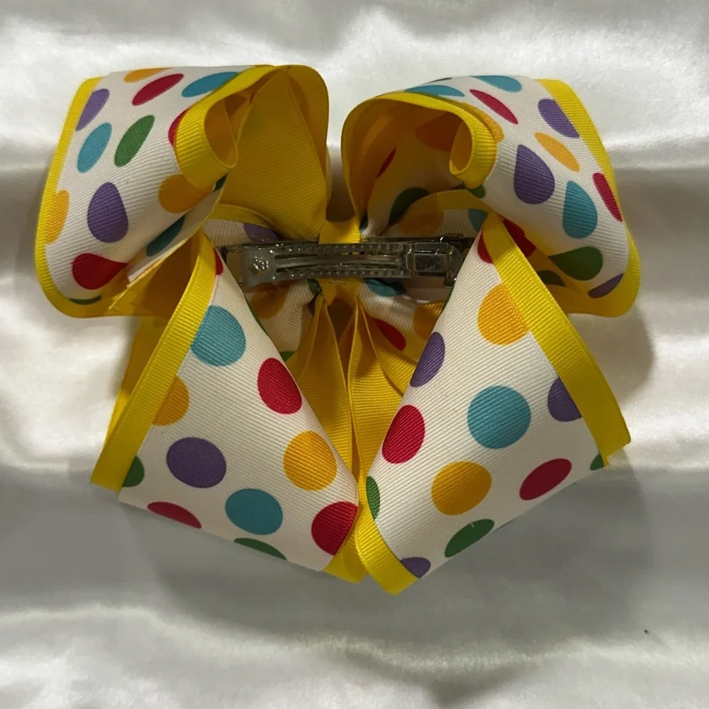 Mega Hair Bow. Colorful Polka Dot with Yellow Under Ribbon.